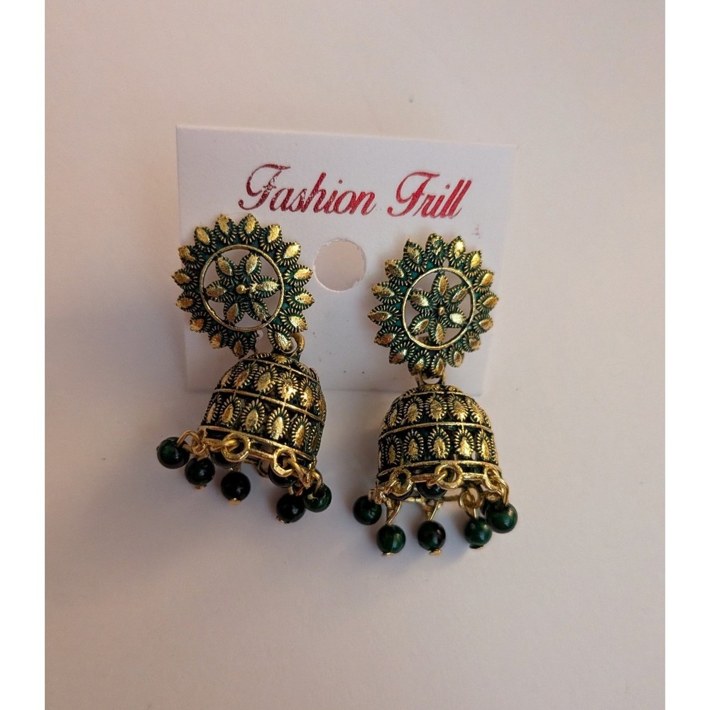 Fashion Frill Gold Jhumka Earrings Green Bead Drop Traditional Indian Jewelry